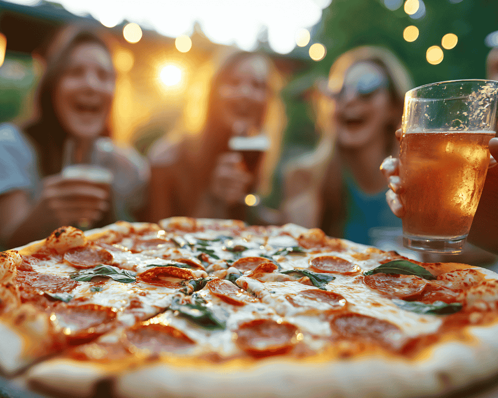 Pizza au pepperoni et verre de bière partagés entre amis lors d’une soirée conviviale au Camping Del Padel.